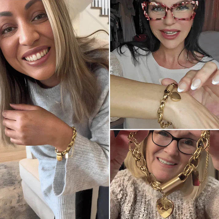 Szeroki zegarek z sercami | Złoto