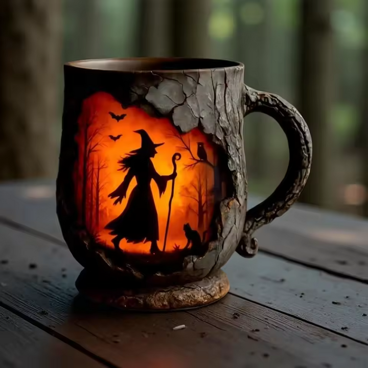 Ręcznie robiony 3D kubek na Halloween – design czarownicy i kota