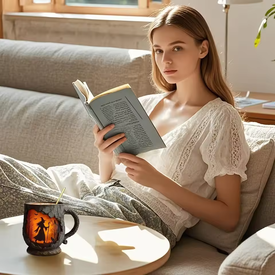 Ręcznie robiony 3D kubek na Halloween – design czarownicy i kota