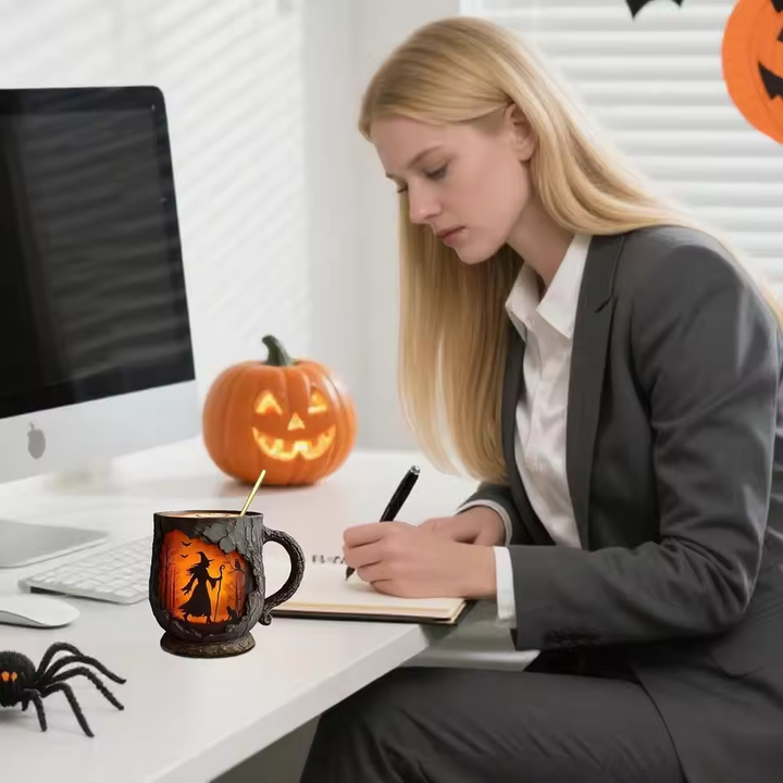 Ręcznie robiony 3D kubek na Halloween – design czarownicy i kota