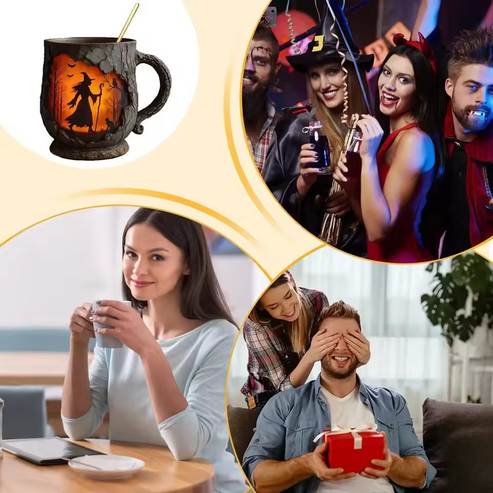 Ręcznie robiony 3D kubek na Halloween – design czarownicy i kota