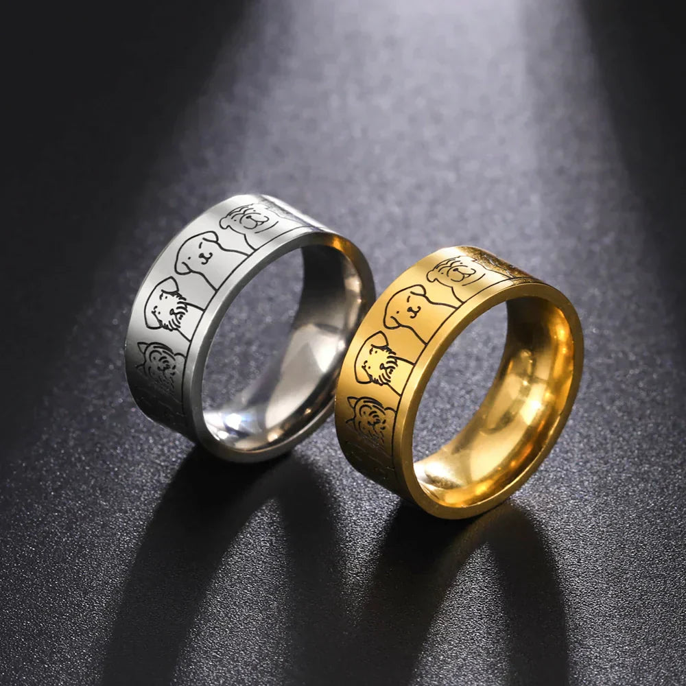 Szeroki pierścień ze stali nierdzewnej z motywami psa – zaprojektowany dla kobiet